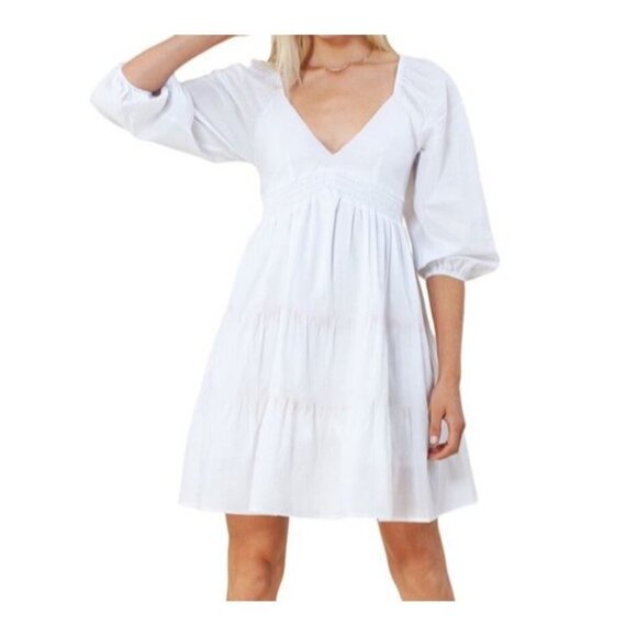 Hale Bob Womens Small Dress White Mini Fit Flare V Neck Tiered Cotton Boho Small - Picture 2 of 12